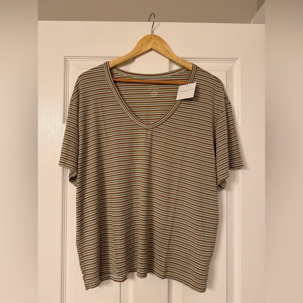 NWT American Eagle Green Striped Soft & Sexy V-Neck T-Shirt Size Large